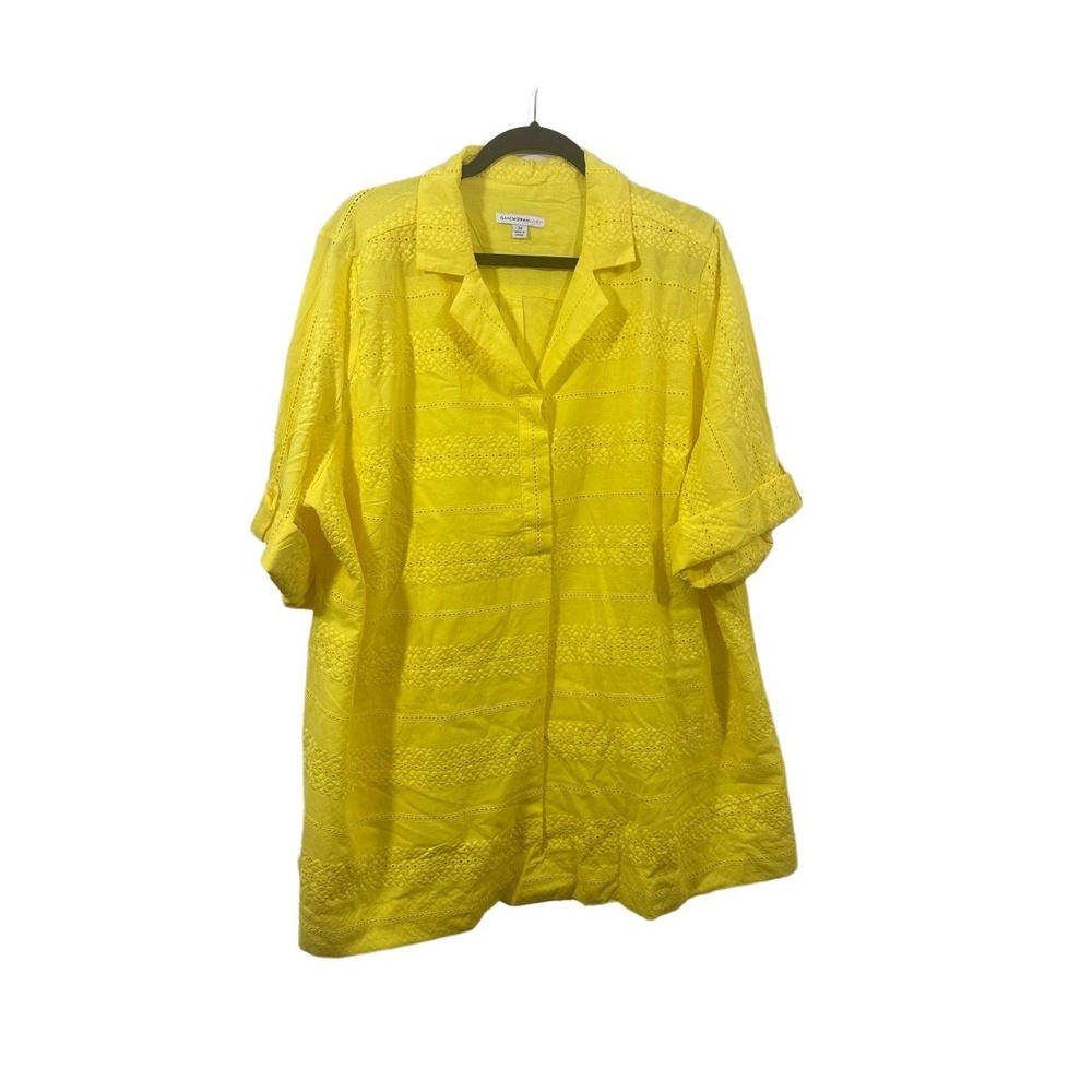 ISAACMIZRAHILIVE! Collared Quarter Button Tunic 3X Yellow Eyelet Rolled Sleeve